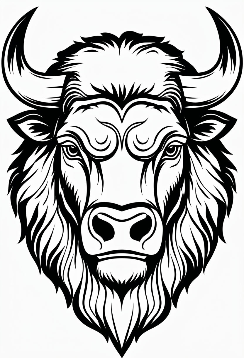 Majestic Bison Head Coloring Page with Bold Outlines for All Ages Coloring Book Pages