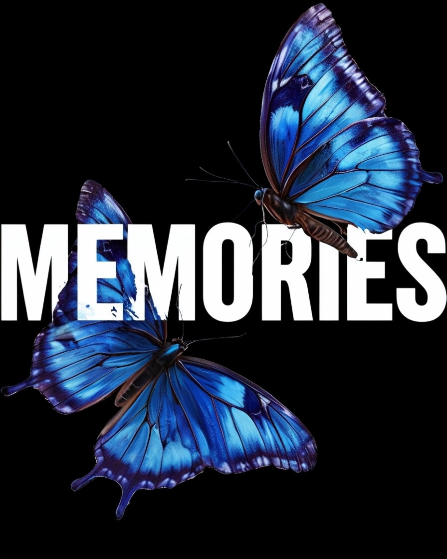 Bold "MEMORIES" Typography with Blue Butterflies T-Shirt