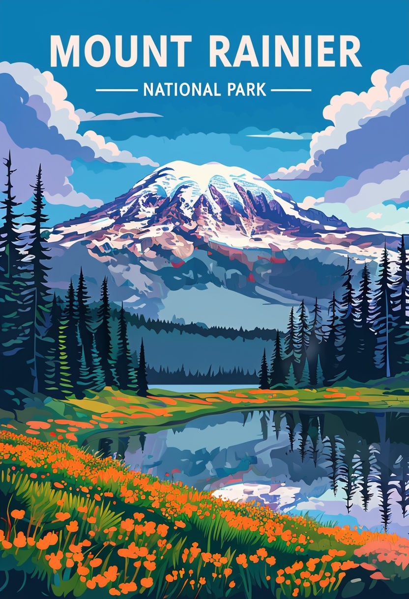 Vibrant Mount Rainier National Park Digital Illustration Poster