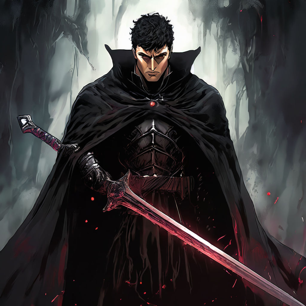 Guts from berserk with 1 eye and techy arm wearing a black c... by ...