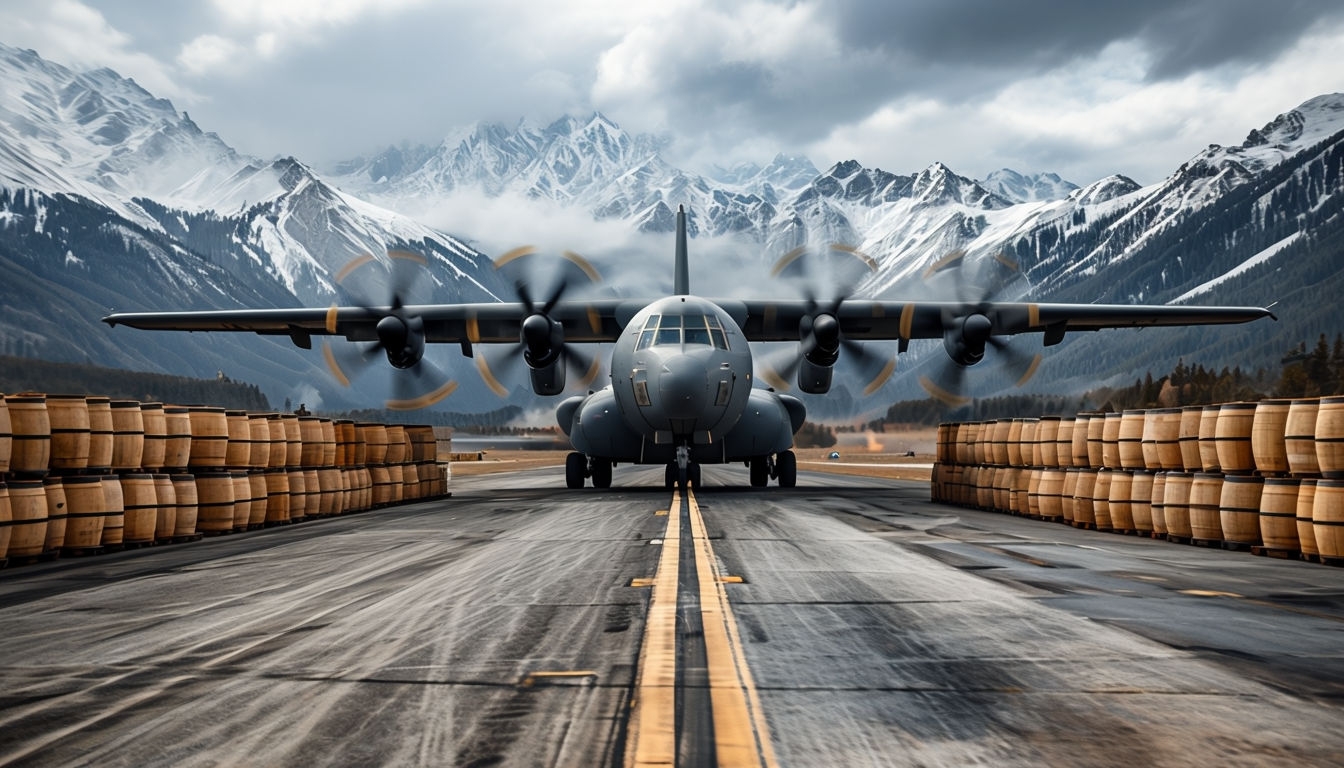 Dramatic Military Cargo Plane on Worn Runway Virtual Background
