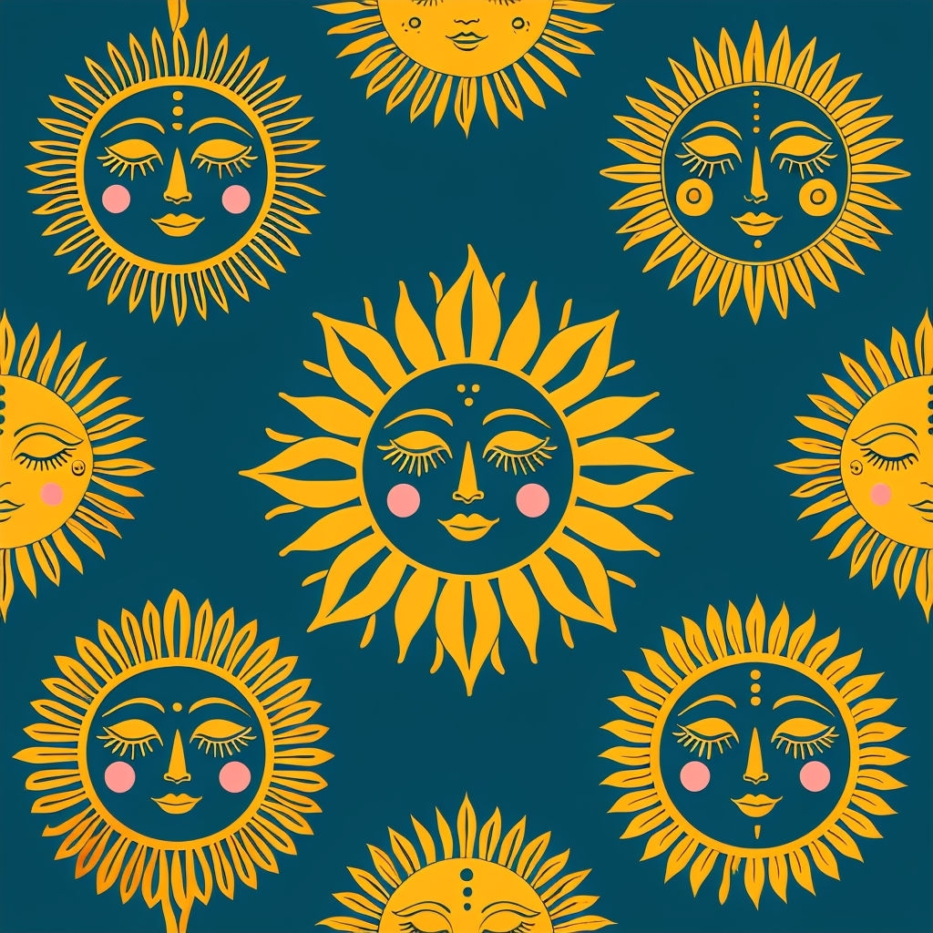 Whimsical Golden Sun Faces Pattern on Dark Teal Wallpaper Seamless Pattern