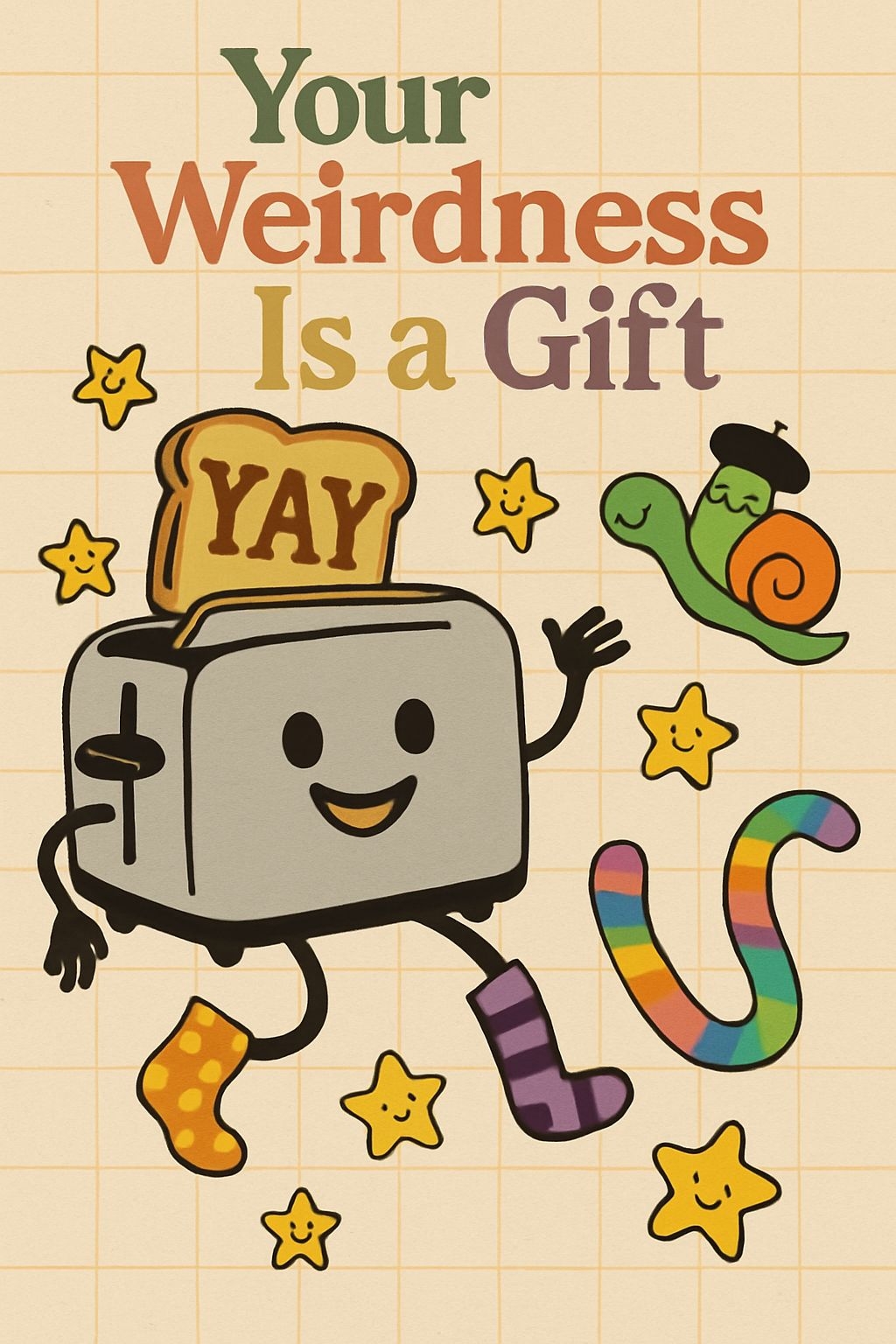 Whimsical Cartoon Toaster and Friends "Your Weirdness Is a Gift" Poster