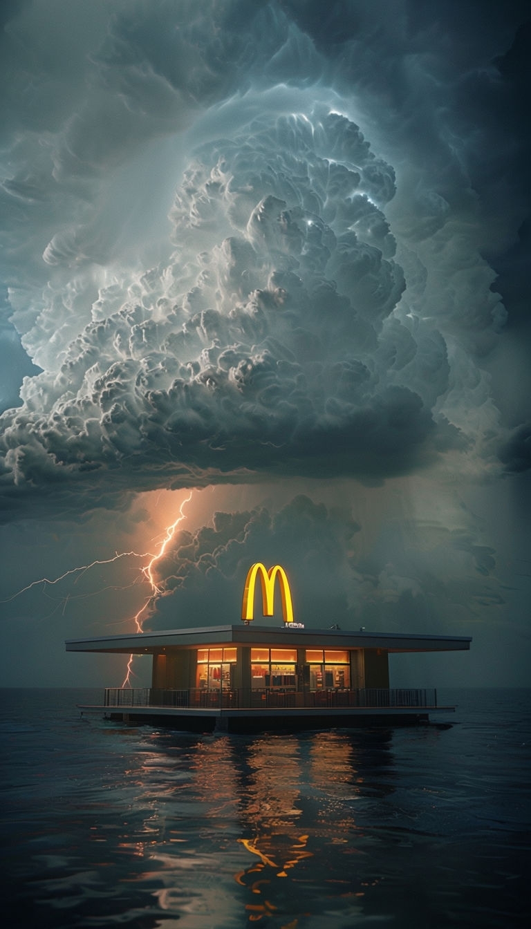 Surreal McDonald's Floating Restaurant Under Stormy Sky Art