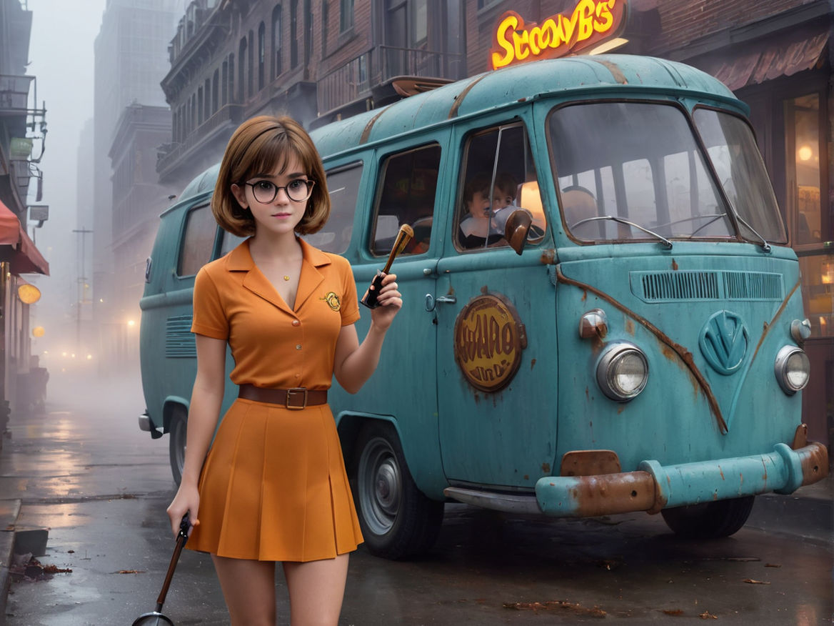 sexy Velma Dinkly with the Mystery machine behind her