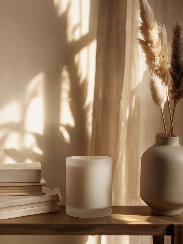 Minimalist White Candle in Cozy Living Room Mockup