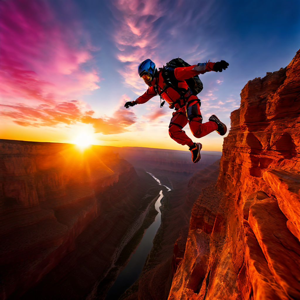 BASE jumper leaps from a cliff against the backdrop of a viv... by ...