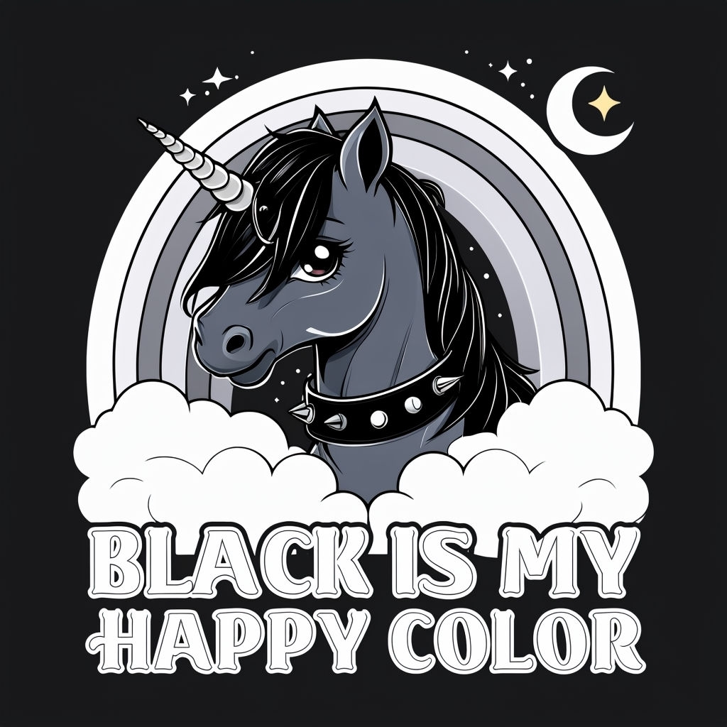 Melancholic Dark Gray Unicorn with Gothic Text T-Shirt