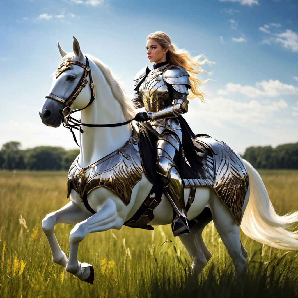 female knight in tight black steel plate armor with golde... by Wuj ...