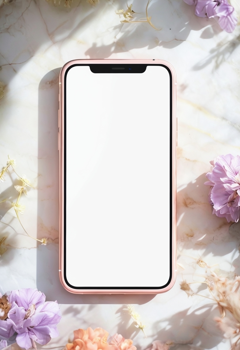 Elegant Rose Gold Smartphone on White Marble with Dried Flowers Mockup