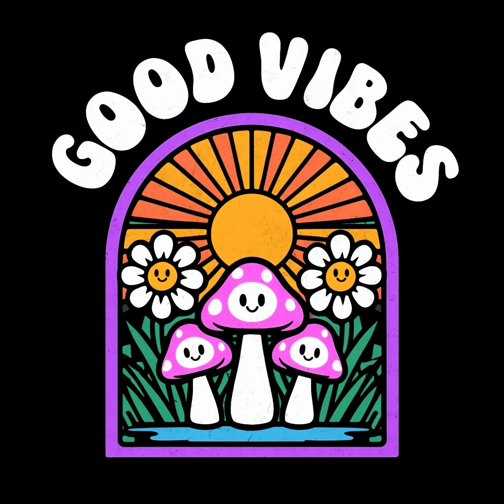 Good Vibes Cheerful Cartoon Sun and Flowers T-Shirt