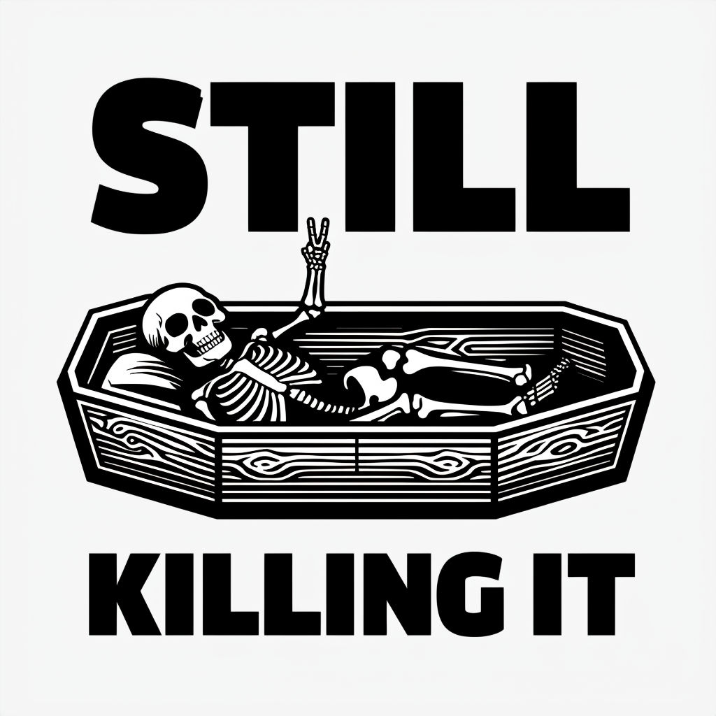 Humorous Skeleton in Coffin with Peace Sign Sticker
