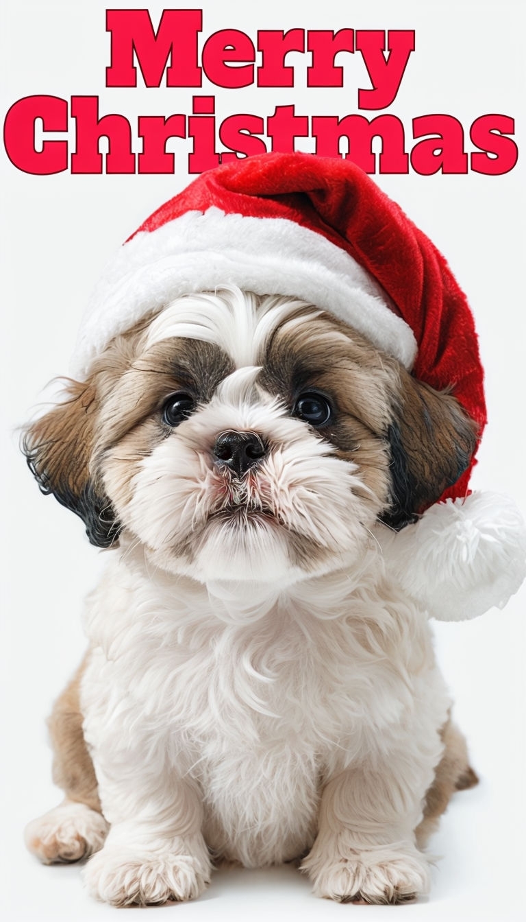 Festive Shih Tzu Puppy in Santa Hat Merry Christmas Card Design