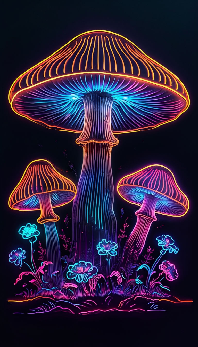 Psychedelic Neon Mushrooms Illustration with Ethereal Glow Mobile Wallpaper