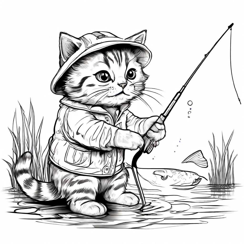 BLACK AND WHITE coloring book page of A cat fishing with a... by sonia ...