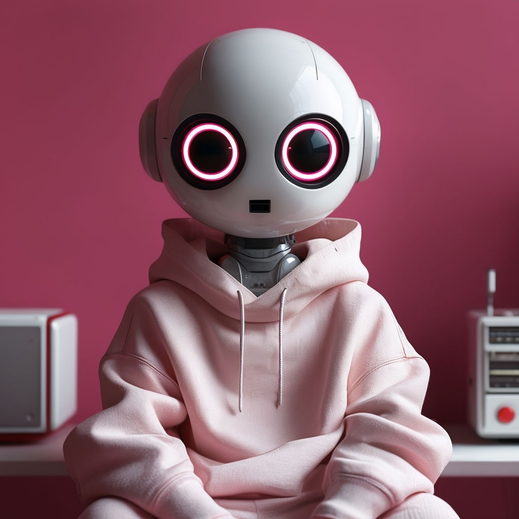 Futuristic Humanoid Robot Portrait in Pink Hoodie Art