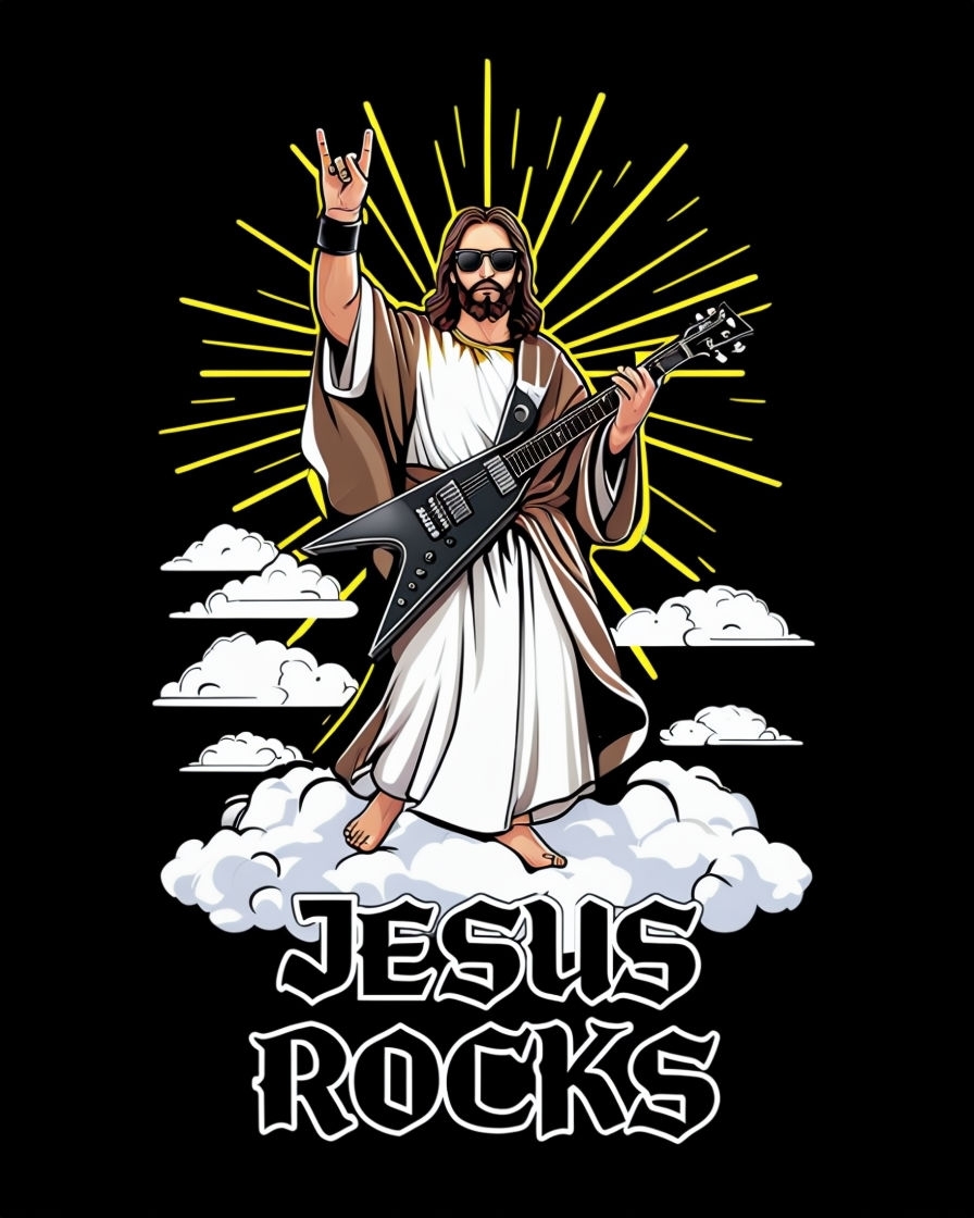 Jesus Rocks Cartoon Illustration with Electric Guitar T-Shirt