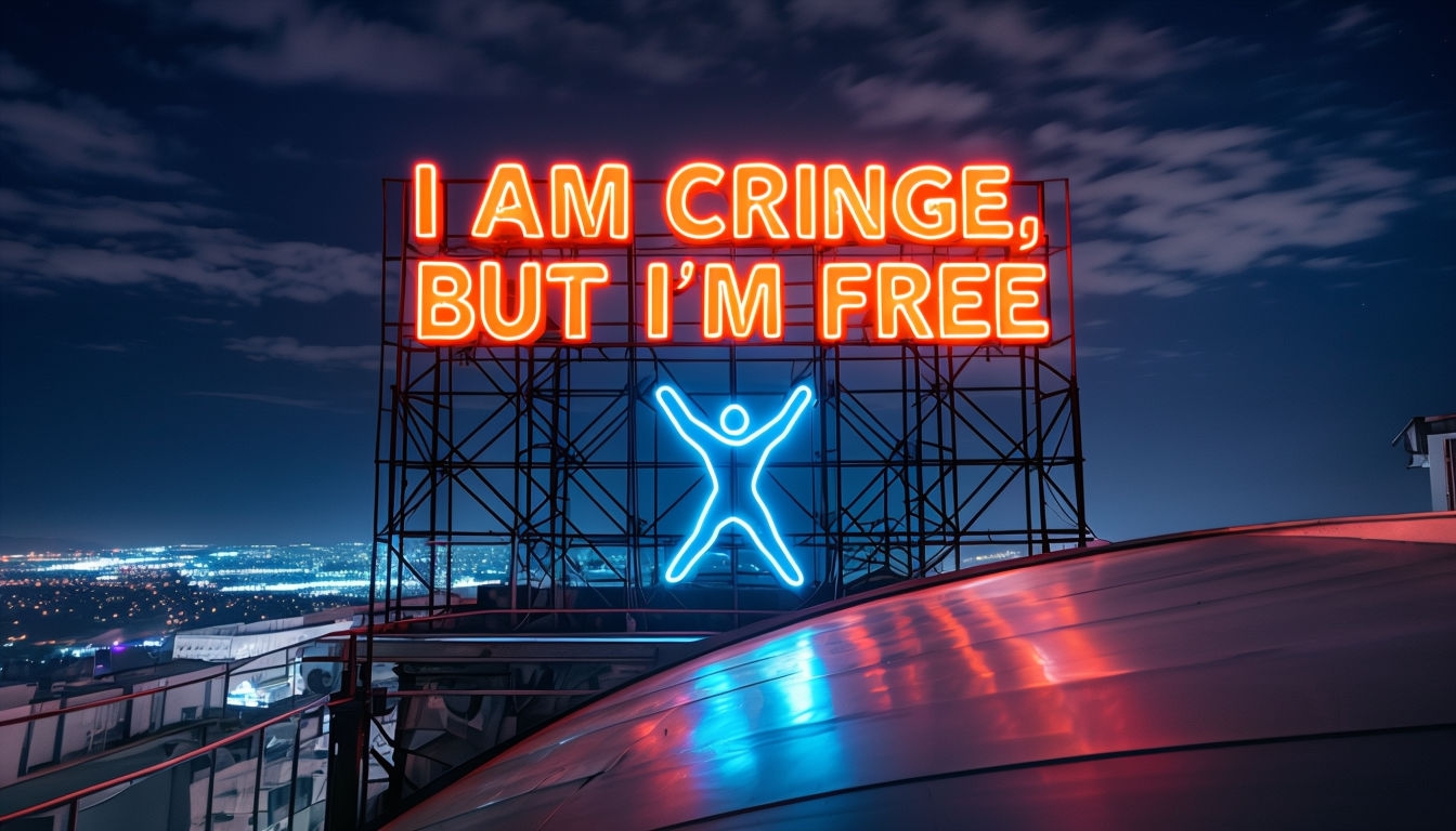 Neon 'I Am Cringe, But I'm Free' Sign Nighttime Urban Background