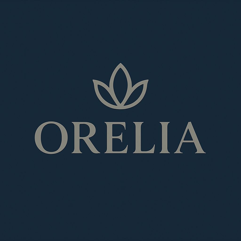 Elegant Minimalist ORELIA Lotus Logo Design on Midnight Blue Background