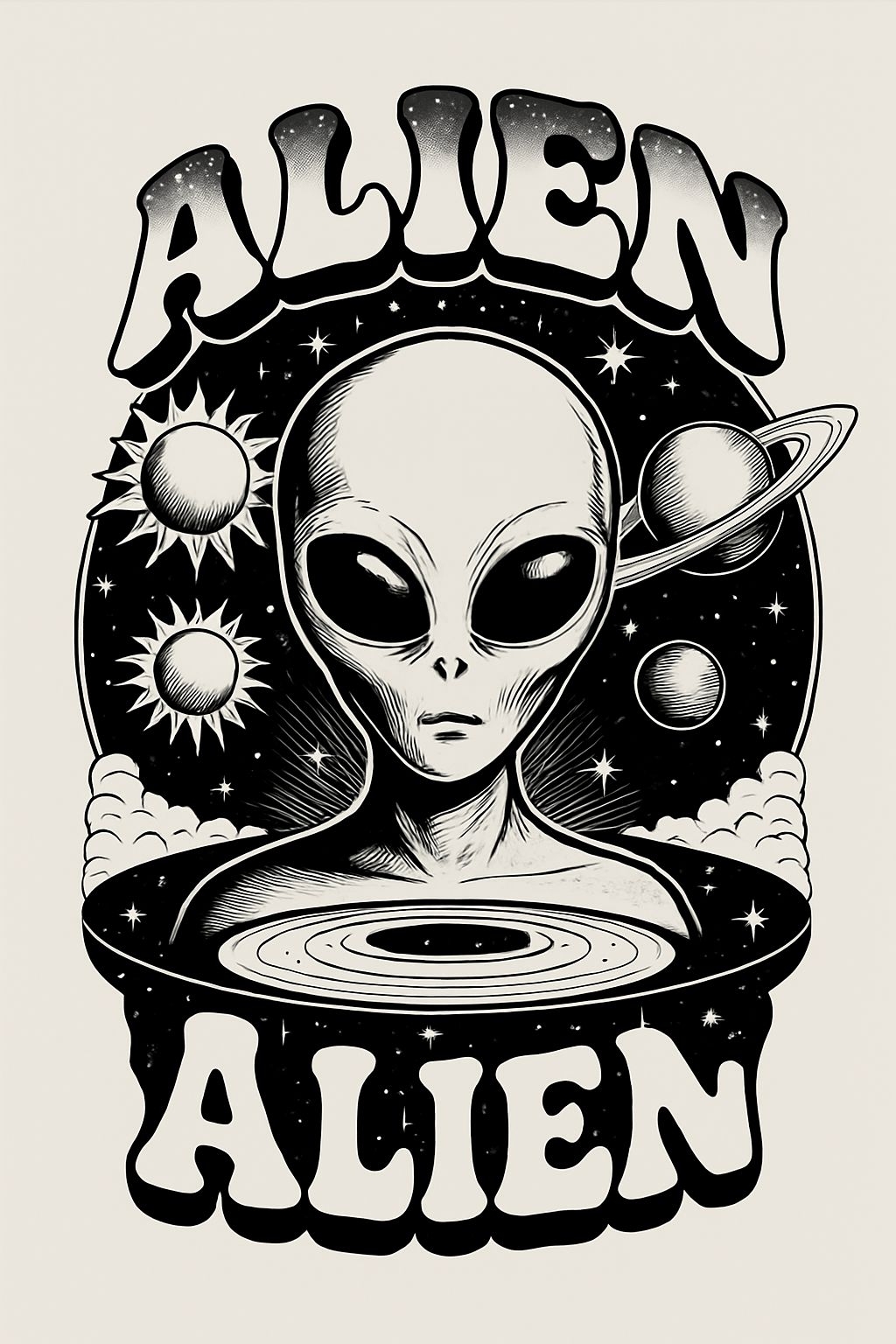 Vintage Alien Cosmic Black and White T-Shirt