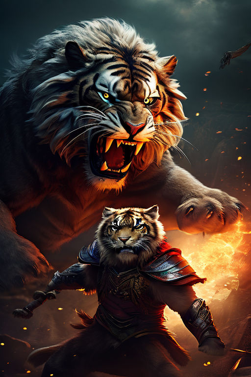 A fierce battle between a lion monstrous and a tiger super h... by sana ...