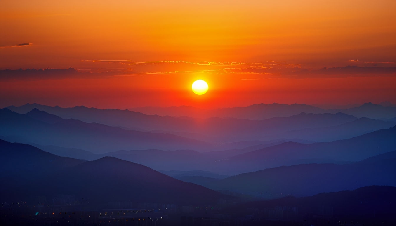 Serene Sunset Over Layered Mountains Landscape Background