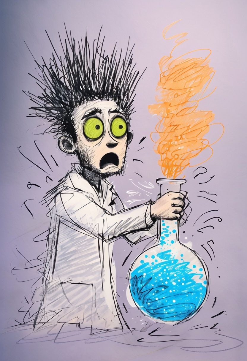 Energetic Scientist with Bubbling Beaker Crayon Drawing Art