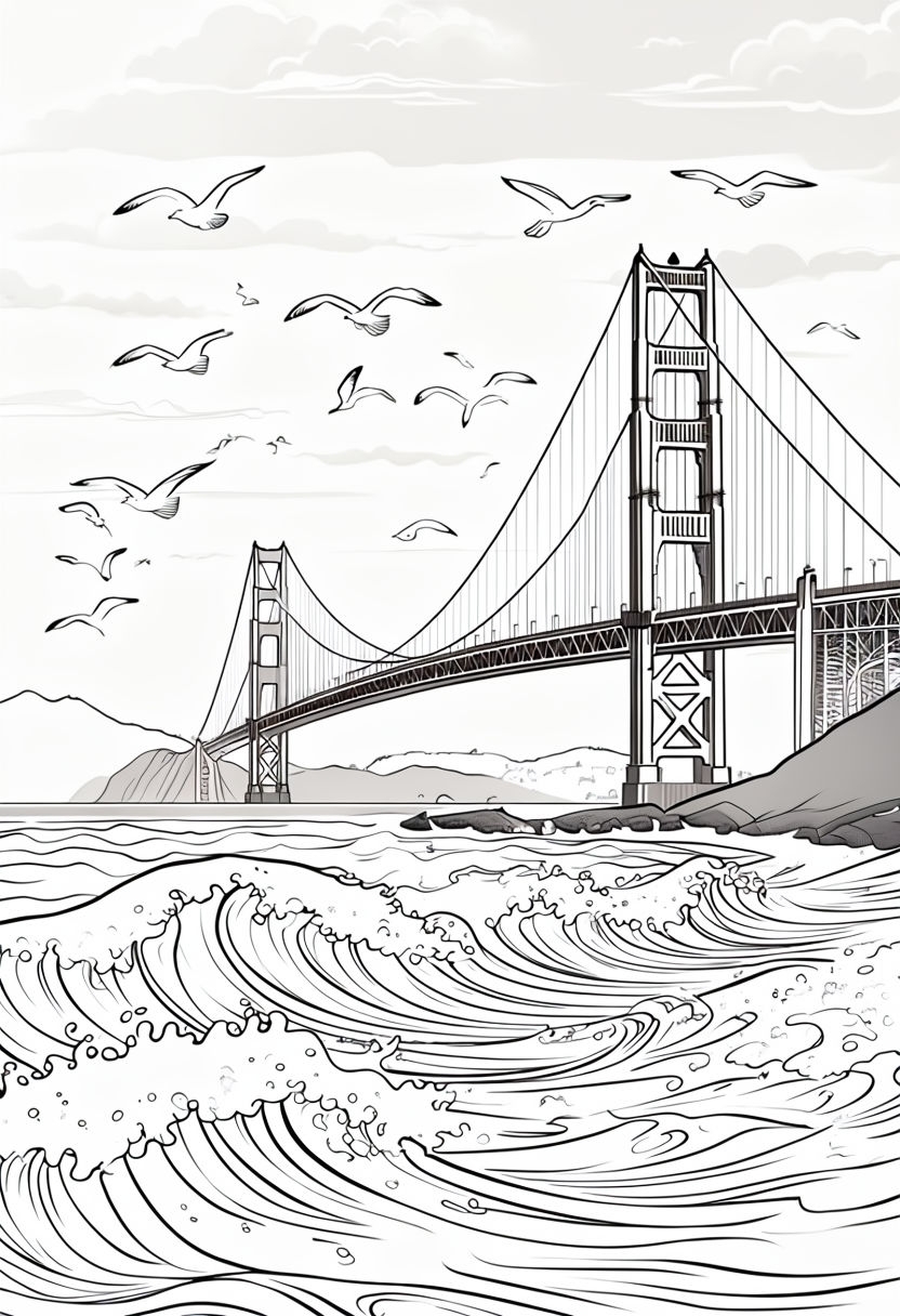 Serene Sunset Golden Gate Bridge Coloring Book Page