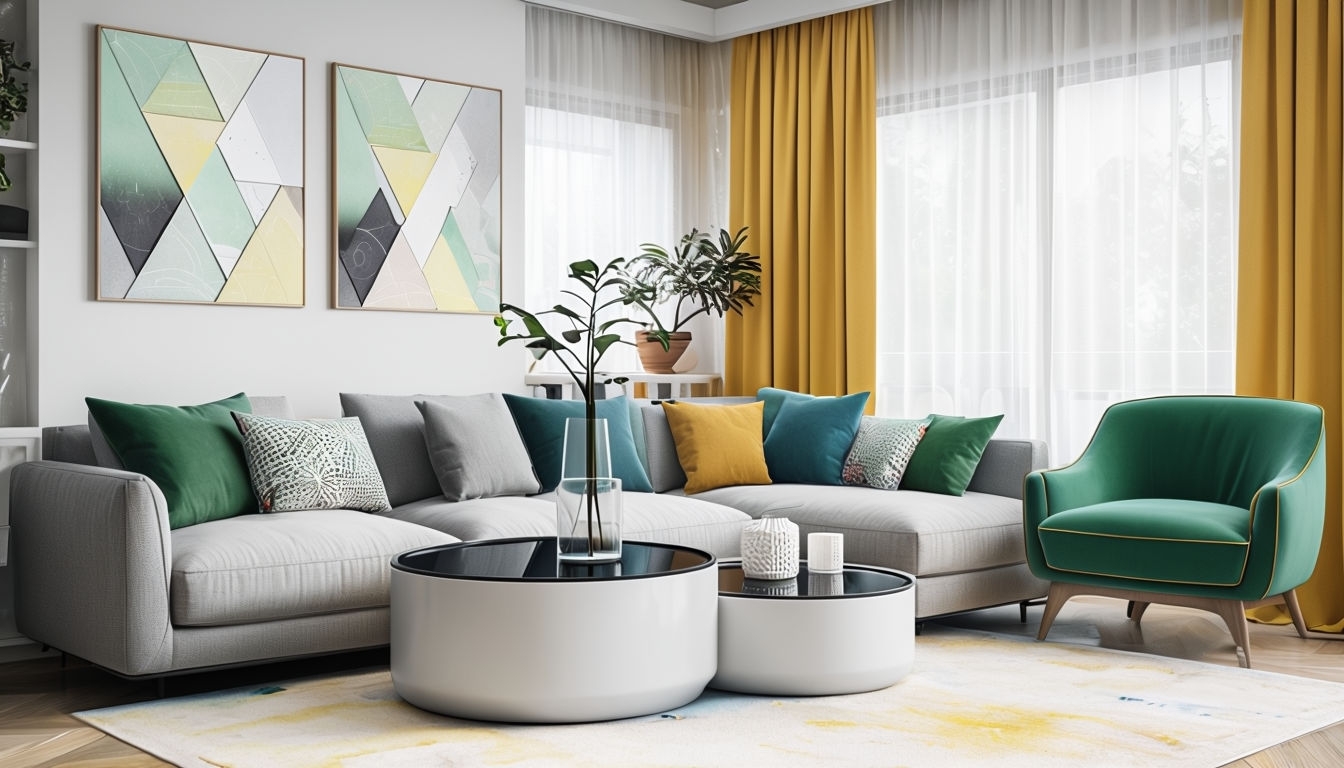 Modern Stylish Living Room with Colorful Cushions Virtual Background