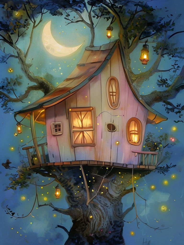 Cozy Treehouse with Lanterns and Crescent Moon Art