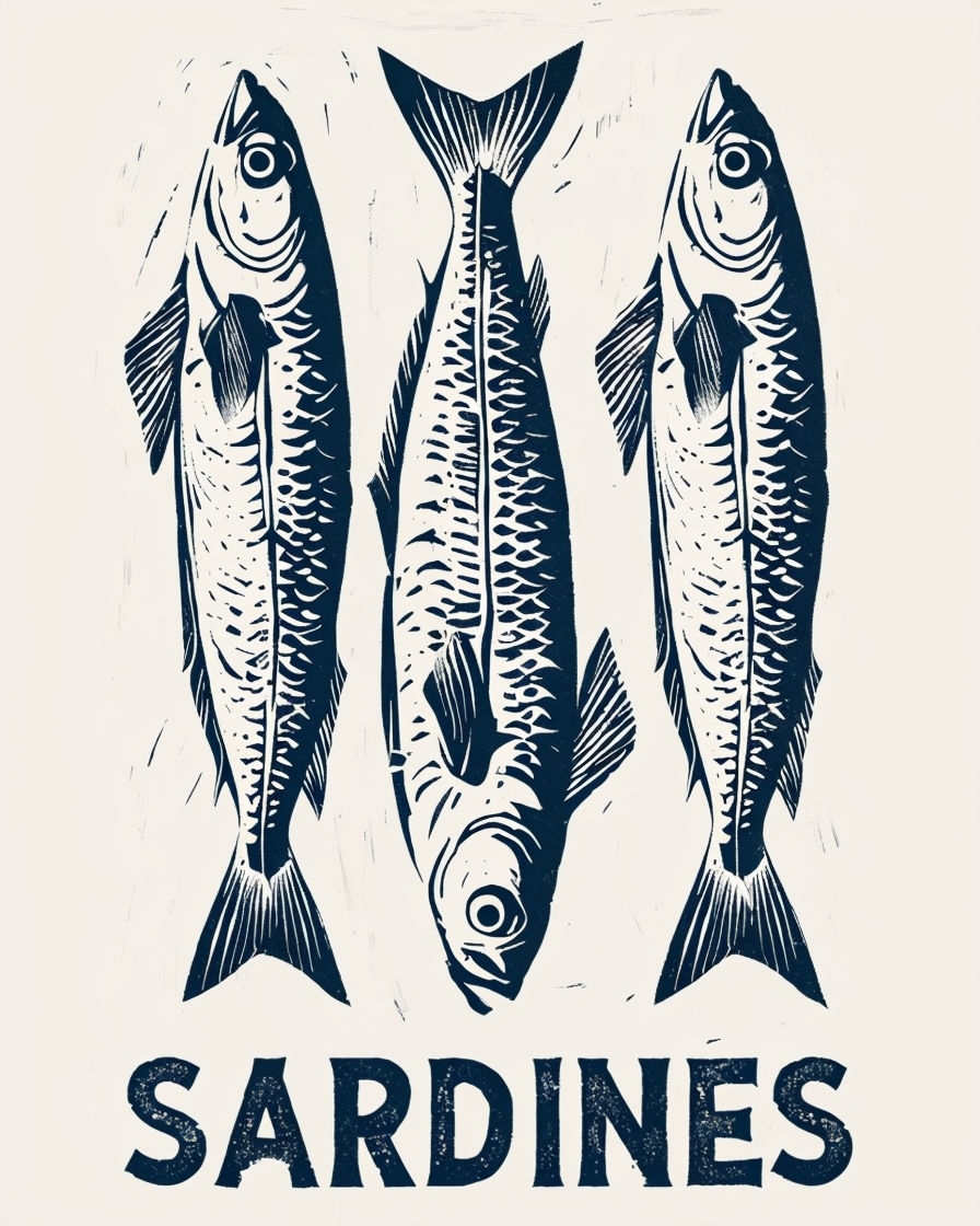 Stylized Blue Sardines Linocut Print T-Shirt
