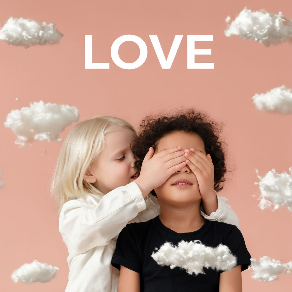 Heartwarming Kids Love Photo with Fluffy Clouds