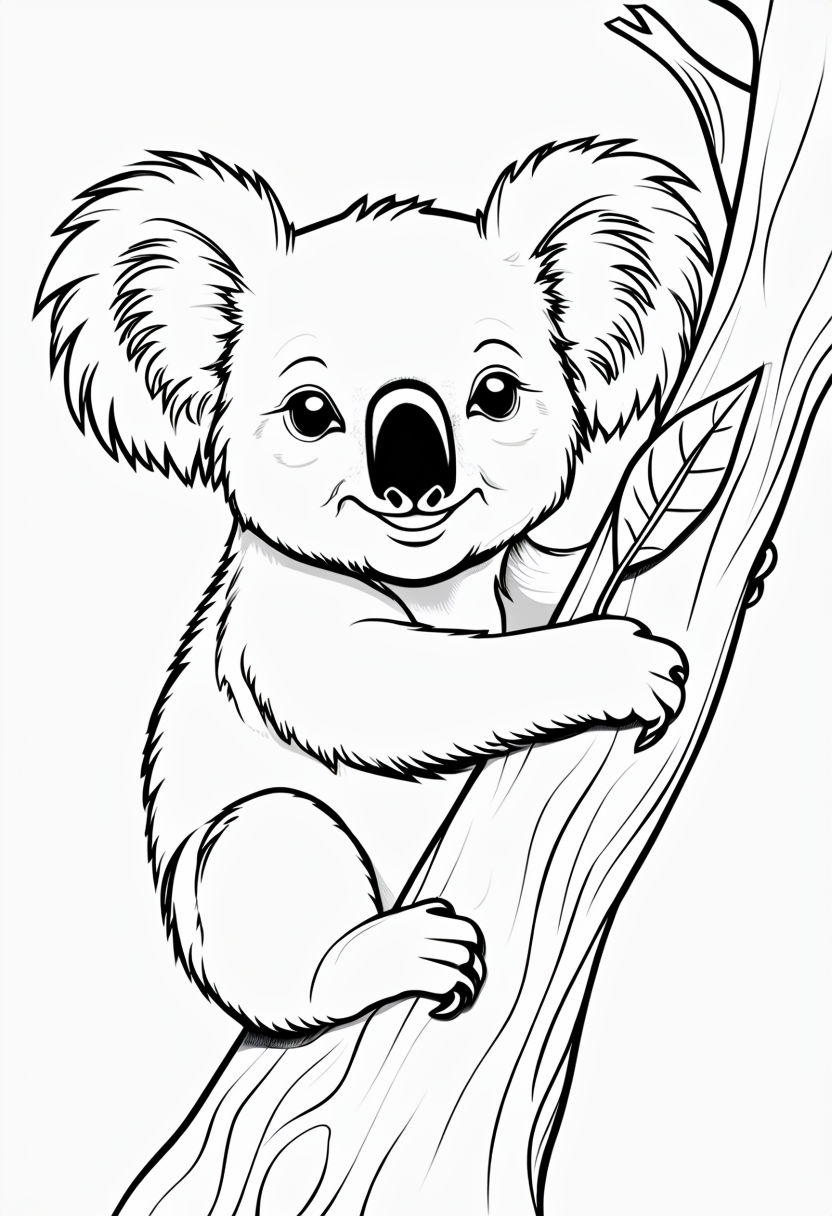 Smiling Koala Clinging to Tree Branch Coloring Book Page
