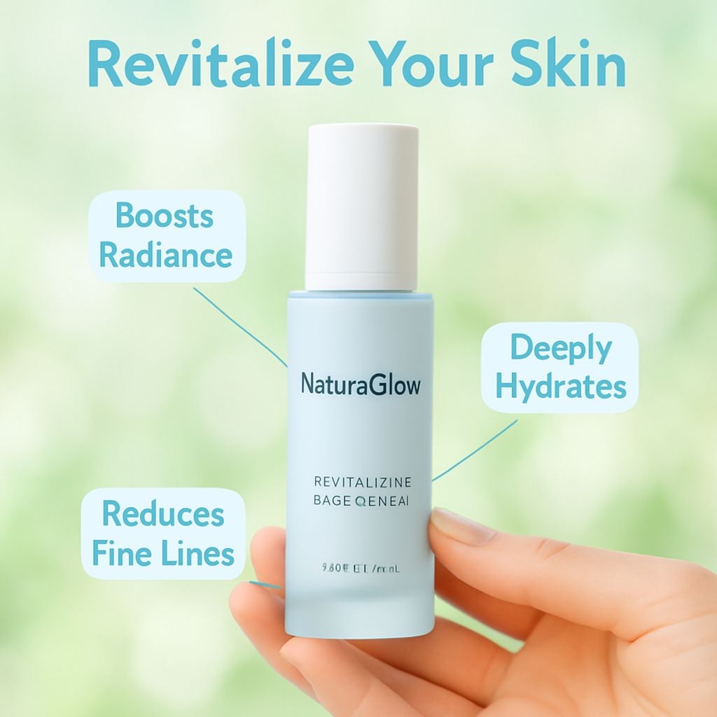 Revitalizing Face Serum by NaturaGlow with Key Benefits Ad