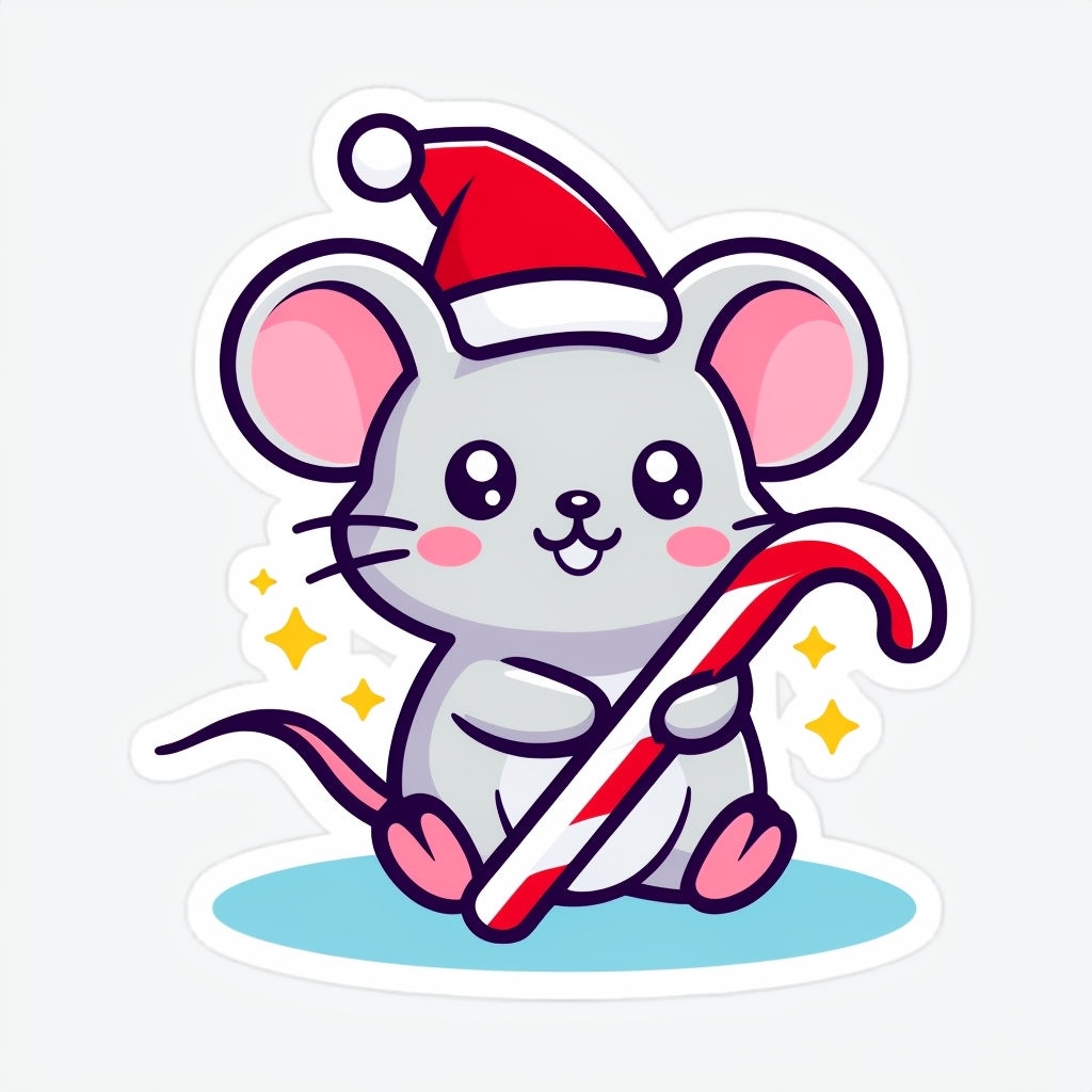 Kawaii Cartoon Mouse with Candy Cane and Santa Hat Sticker