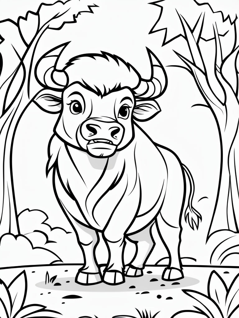 Friendly Cartoon Buffalo Line Drawing for Coloring Book Pages