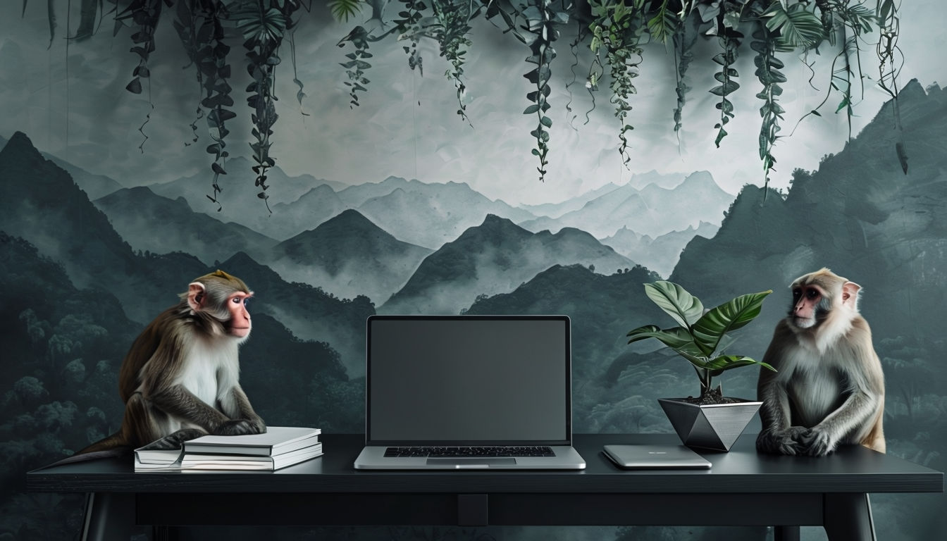 Surrealist Forest Scene with Monkeys and Minimalist Desk Art