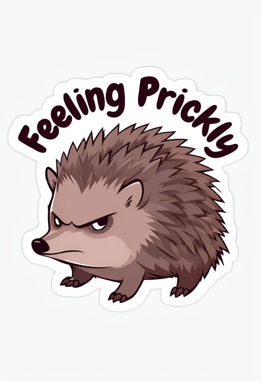 Grumpy Cartoon Hedgehog with 'Feeling Prickly' Sticker