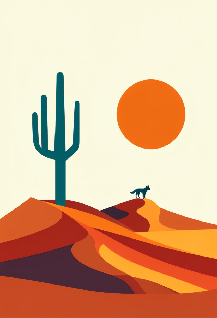 Vibrant Minimalist Desert Landscape with Geometric Cactus Poster