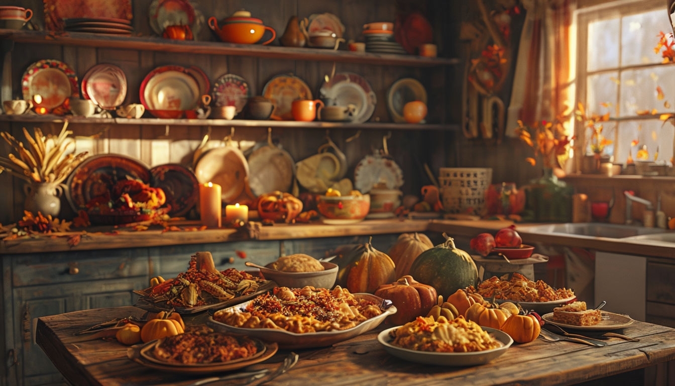 Cozy Thanksgiving Kitchen Scene with Rustic Wooden Table Art