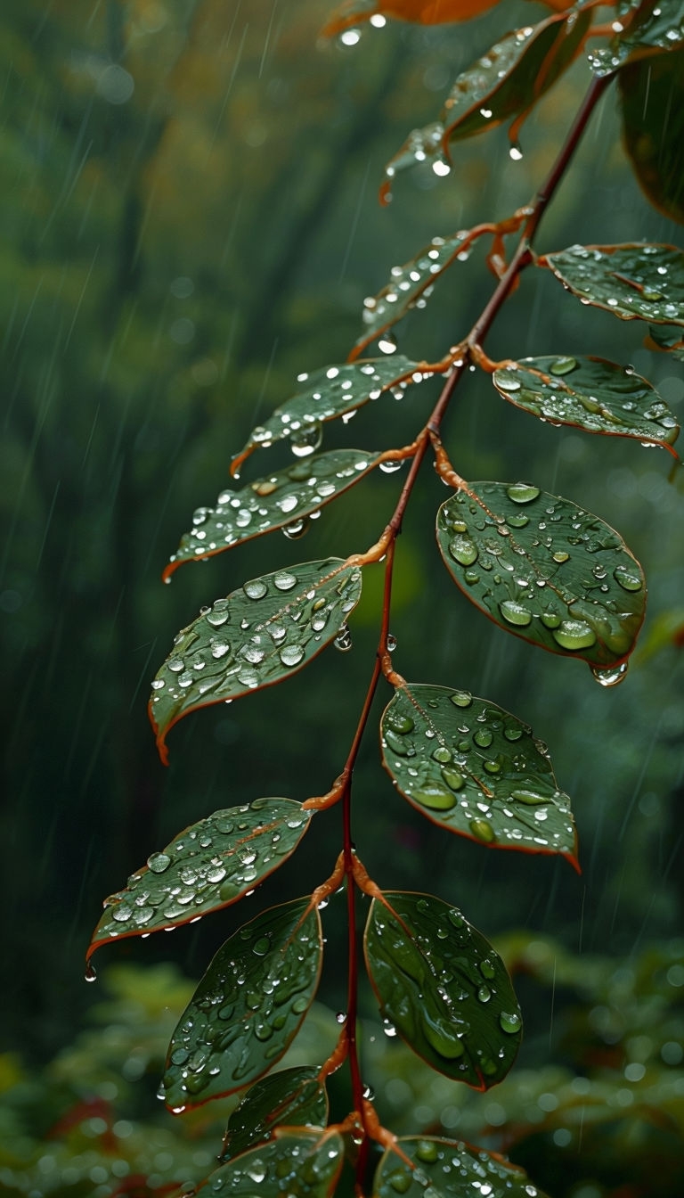 Lush Green Leafy Branch with Water Droplets Mobile Wallpaper