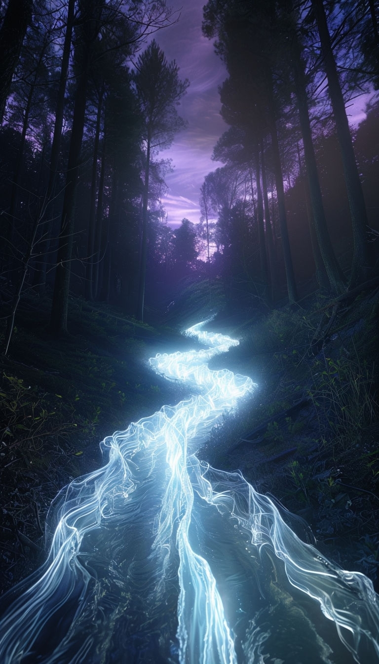 Ethereal Light Stream Through Dark Forest at Twilight Mobile Wallpaper