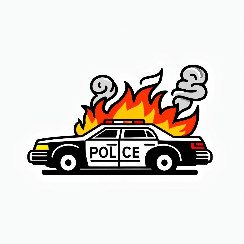 Burning Police Car Cartoon Illustration on White Background Sticker