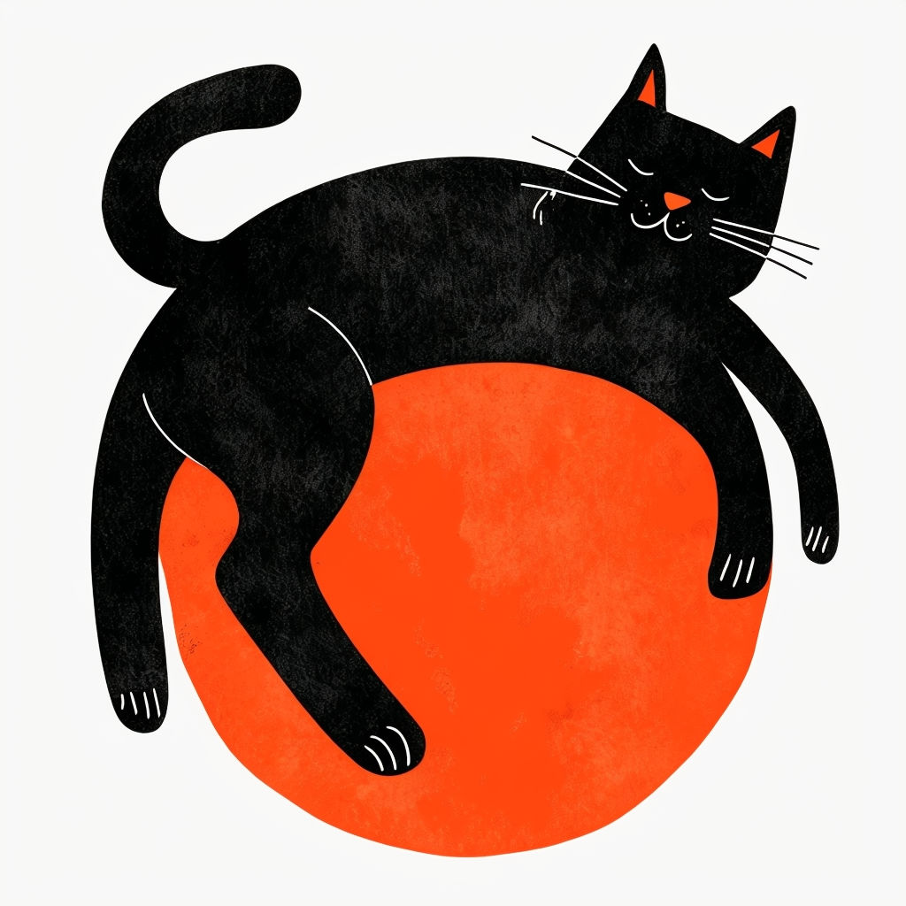 Playful Black Cat on Vibrant Orange Circle Artwork Art