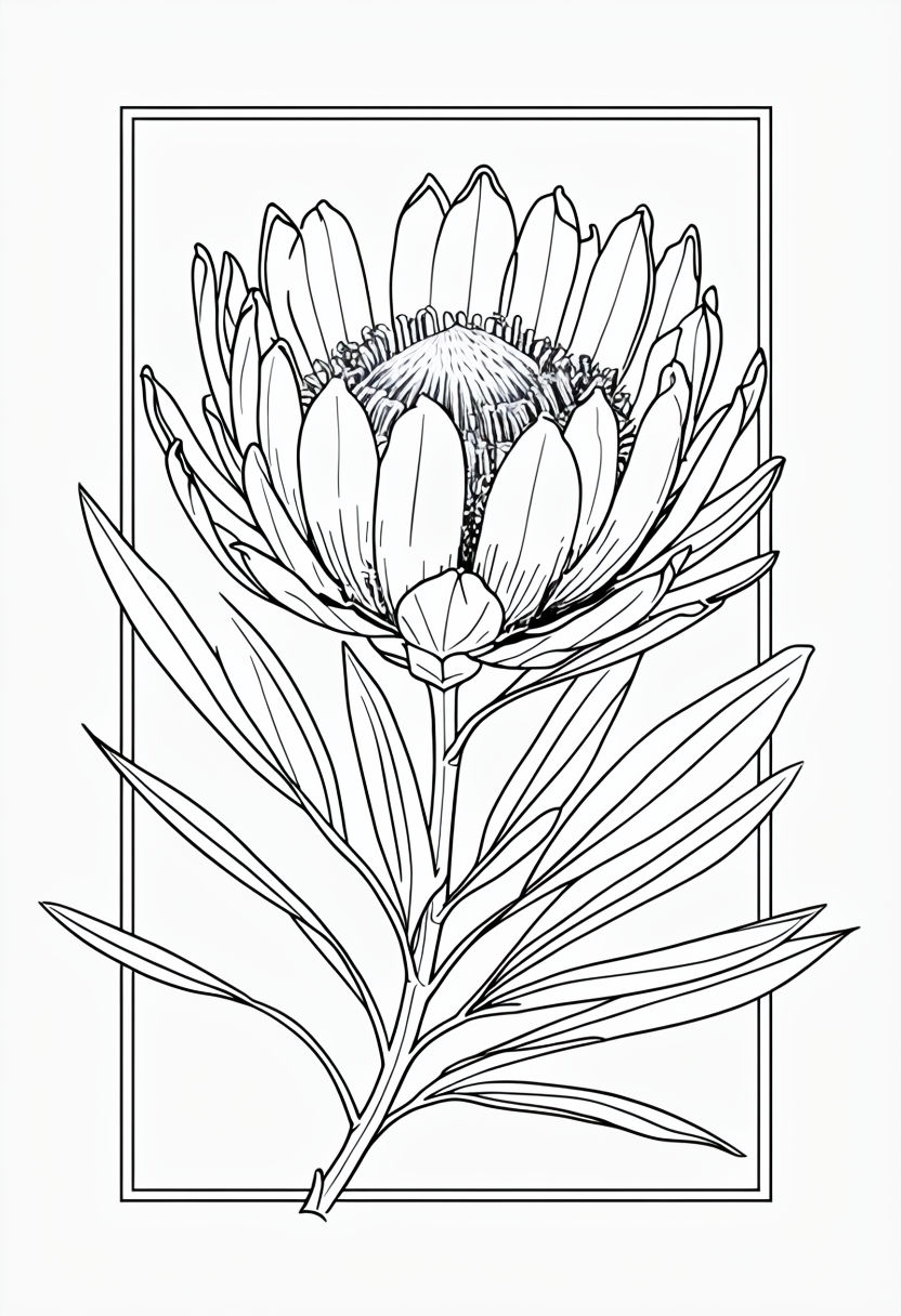 Intricate Black and White King Protea Flower Line Drawing Art