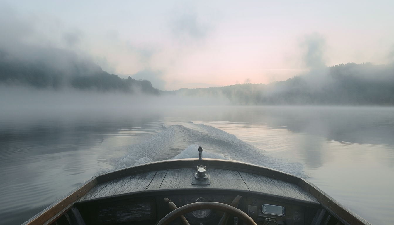 Realistic Misty Lake View from Classic Fishing Boat Virtual Background
