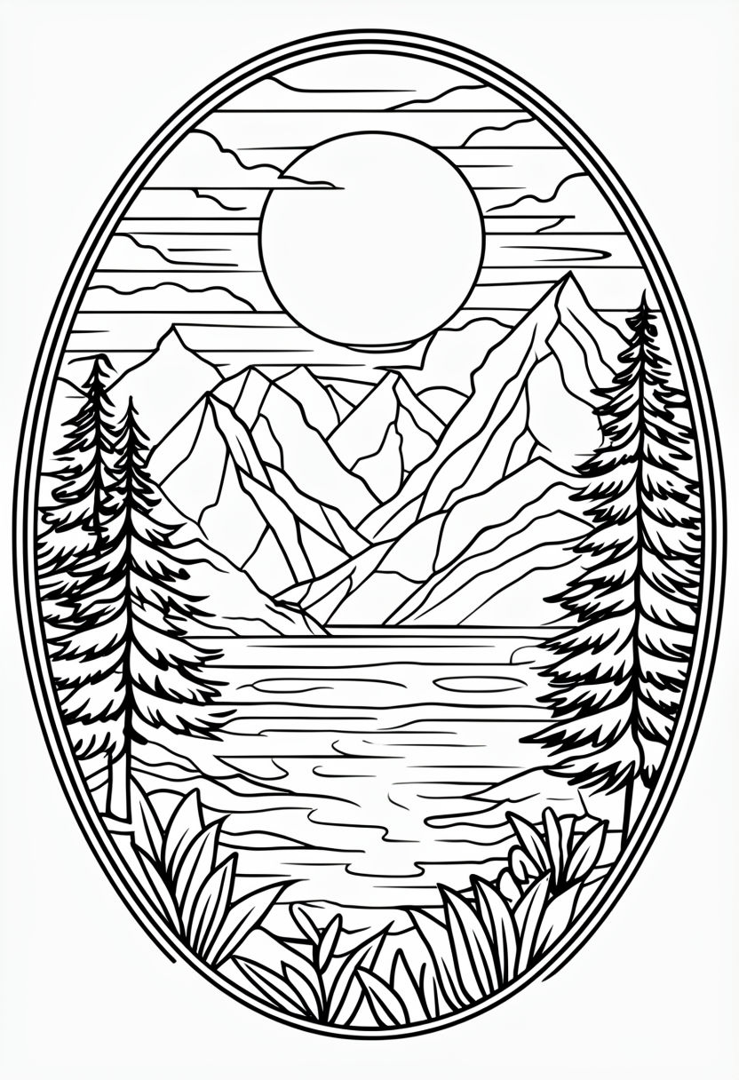 Serene Natural Landscape Monochrome Coloring Book Page