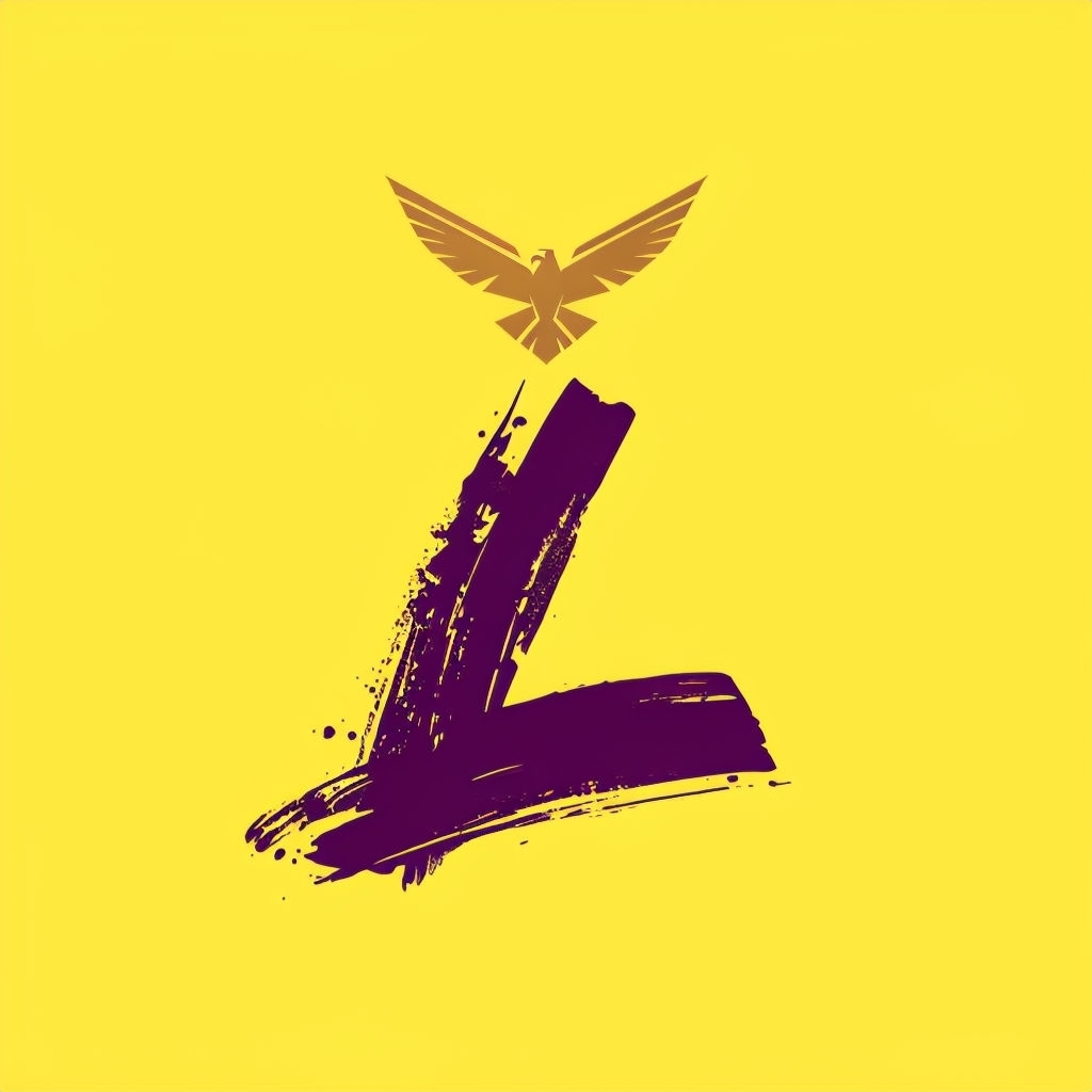 Bold Purple Letter L with Golden Eagle on Bright Yellow Background Monogram
