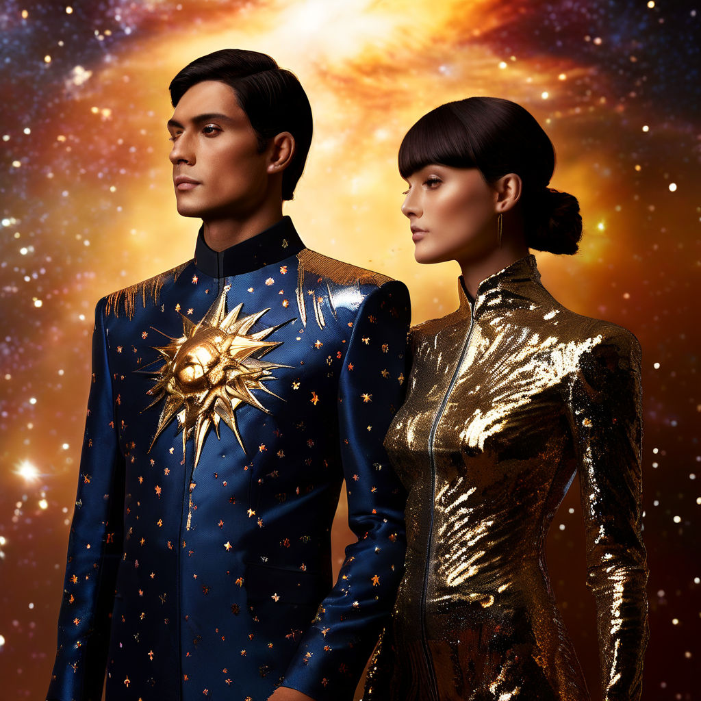 Two figures wearing tailored uniforms inspired by the cosmos by Bvea ...