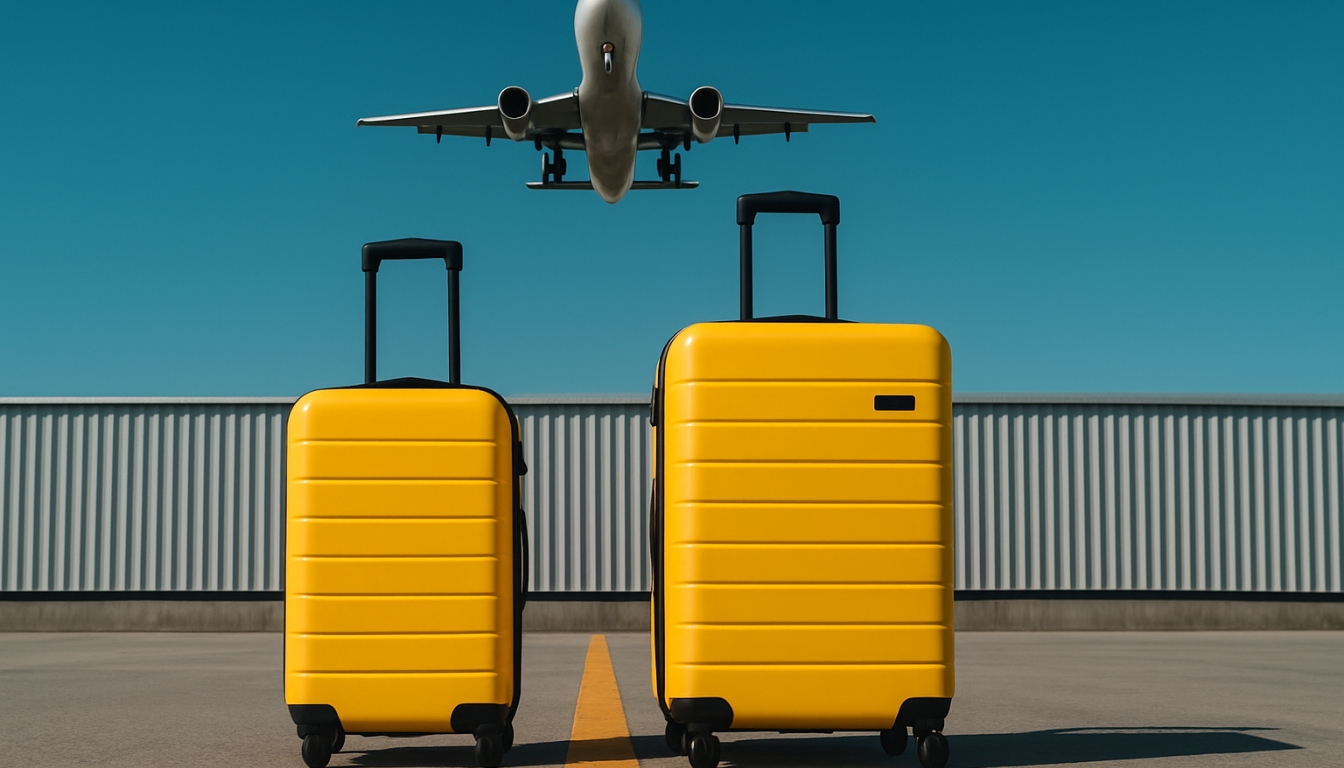 Vibrant Yellow Suitcases with Airplane at Airport Tarmac Background